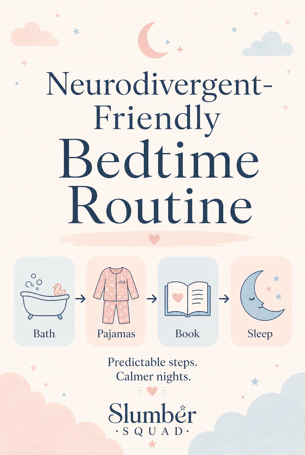 Calm bedtime illustration for a neurodivergent-friendly routine