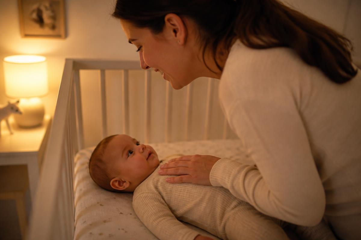A calm parent laying a relaxed, awake baby down in a crib with a reassuring hand on the baby's chest