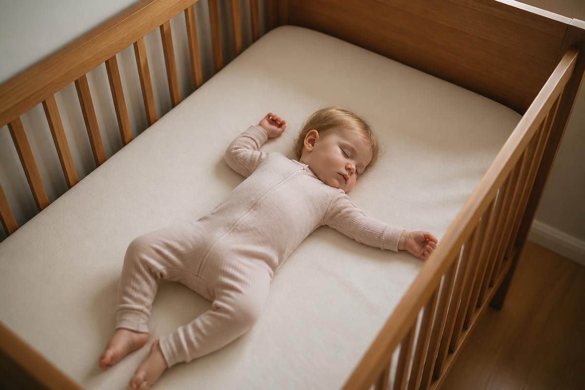 A toddler sleeping peacefully in an empty crib with nothing else in it during the 2 to 1 nap transition